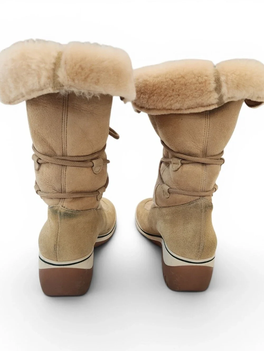 Via Spiga Tan Suede Shearling-Trim Wedge Rain Boots